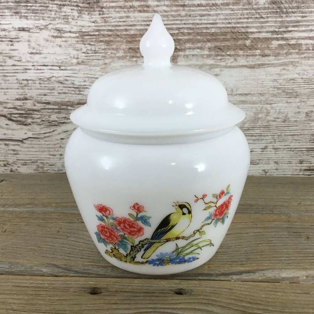 Avon White Milk Glass Lidded Ginger Jar With Bird & Floral Design 6" Tall